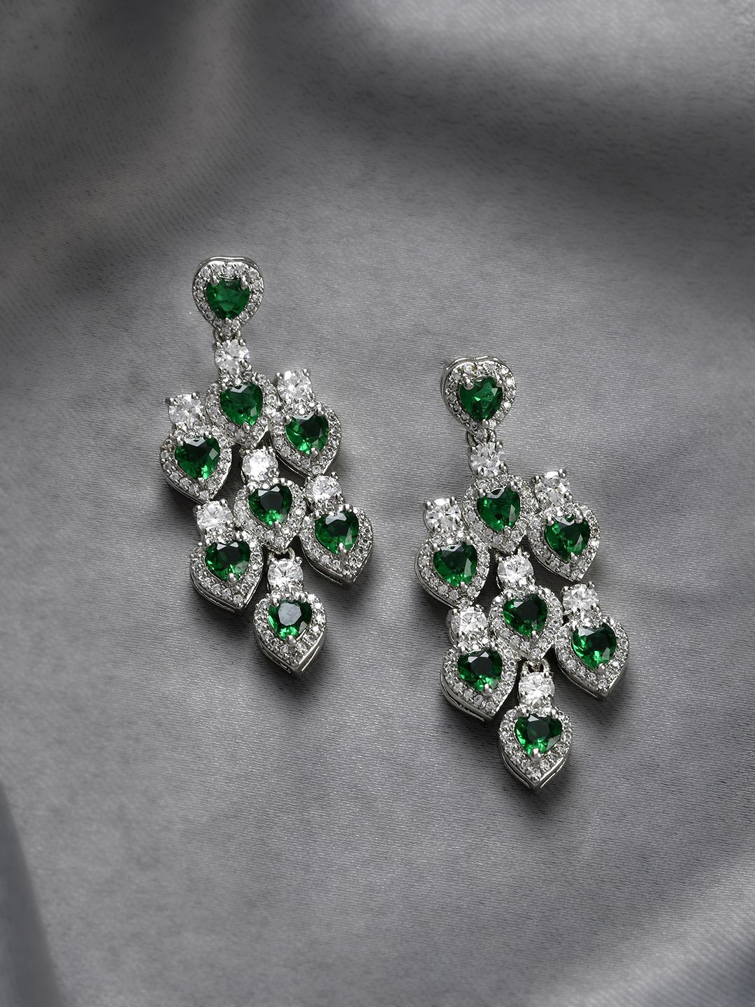 Voylla Royal Romance Rhodium-Plated American Diamond Brass Heart Shaped Drop Earrings