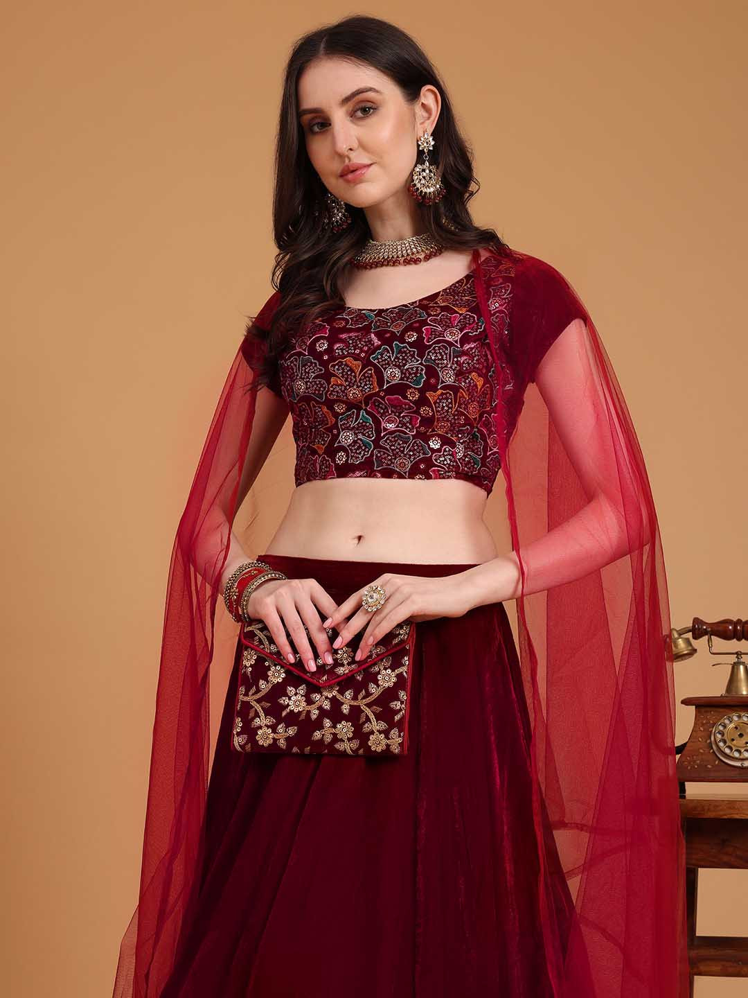 Kinjo Embroidered Sequinned Velvet Semi-Stitched Lehenga & Unstitched Blouse With Dupatta