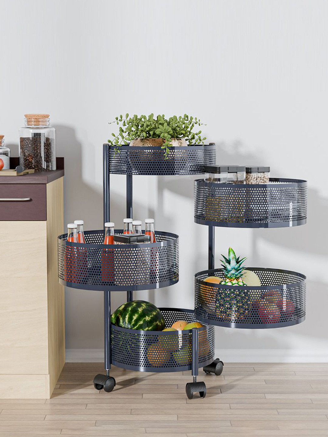 Kuber Industries 4+1 Layer Kitchen Storage Rack with Wheels Unisex Grey Kitchen Trolley