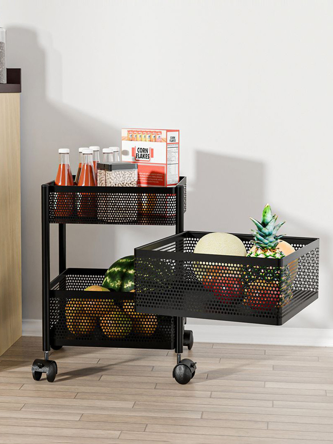 Kuber Industries 2+1 Layer Kitchen Metal Storage Rack Wheels Unisex Black Kitchen Trolley