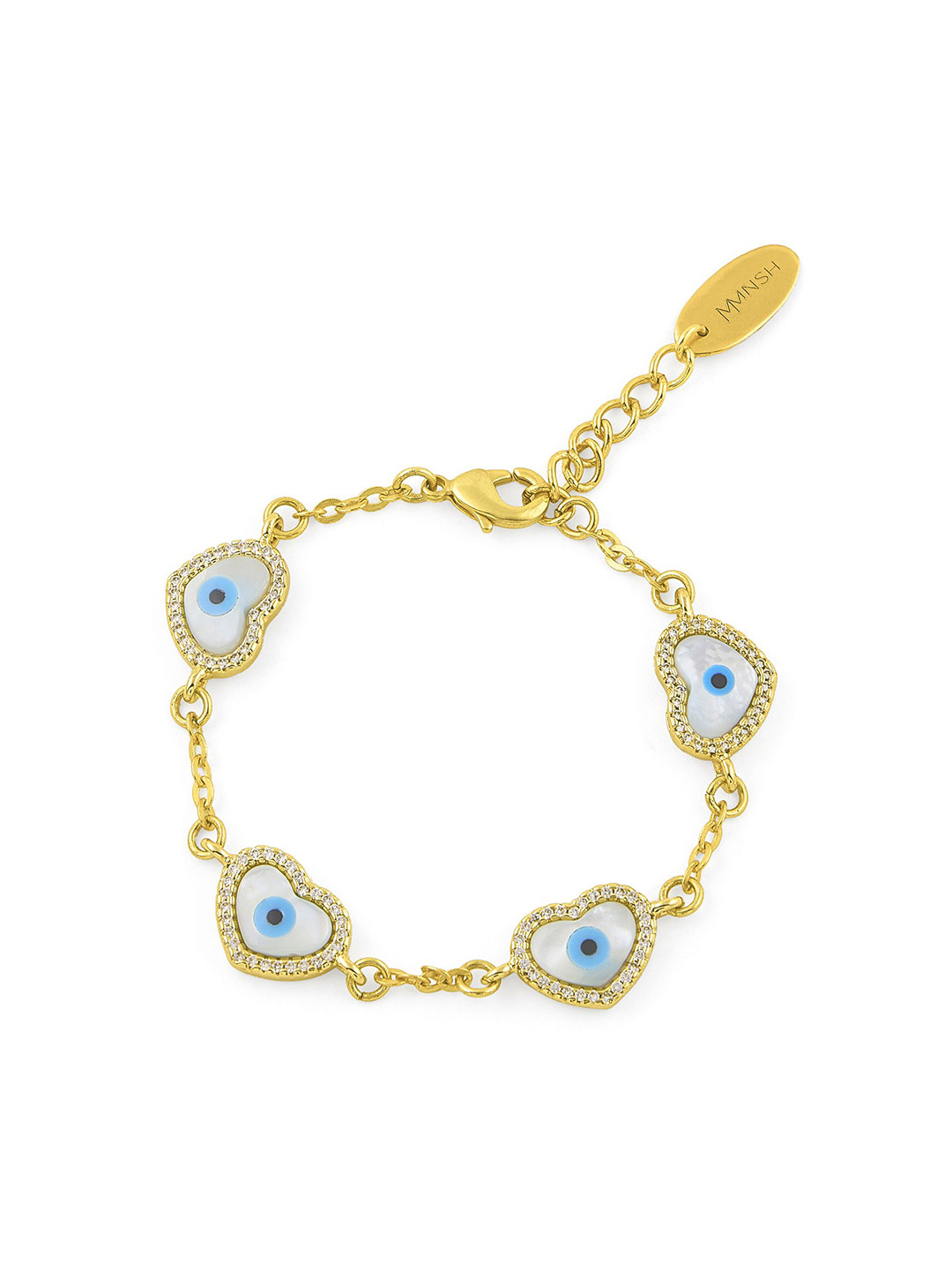 MNSH Gold-Plated Stone Studded Evil Eye Heart Shaped Link Bracelet