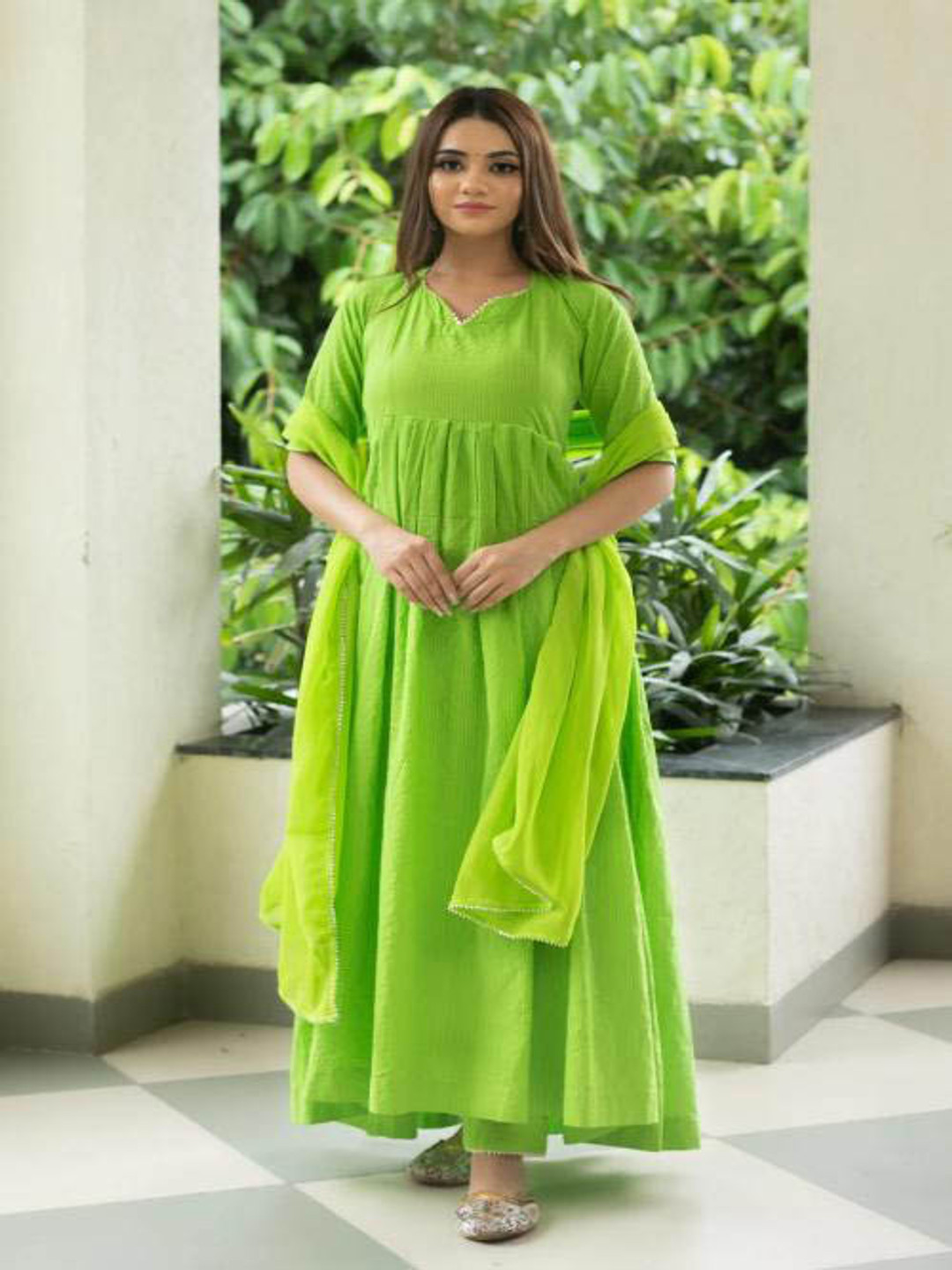 SUKITI Striped Notch Neck Pure Cotton Anarkali Kurta With Trouser And Dupatta