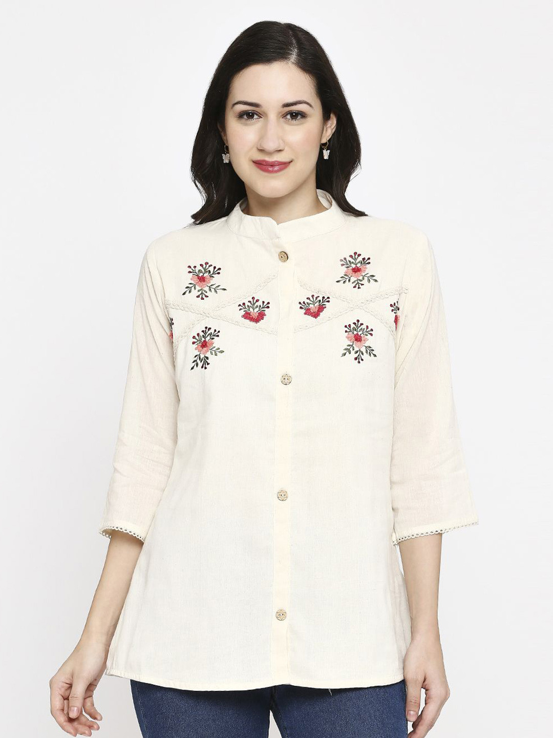 Hitarth Fashion Women Floral Embroidered Lace Casual Khadi Shirt