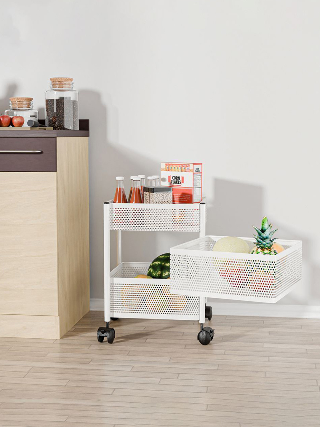 Kuber Industries 2+1 Layer Kitchen Metal Storage Rack Wheels Unisex White Kitchen Trolley