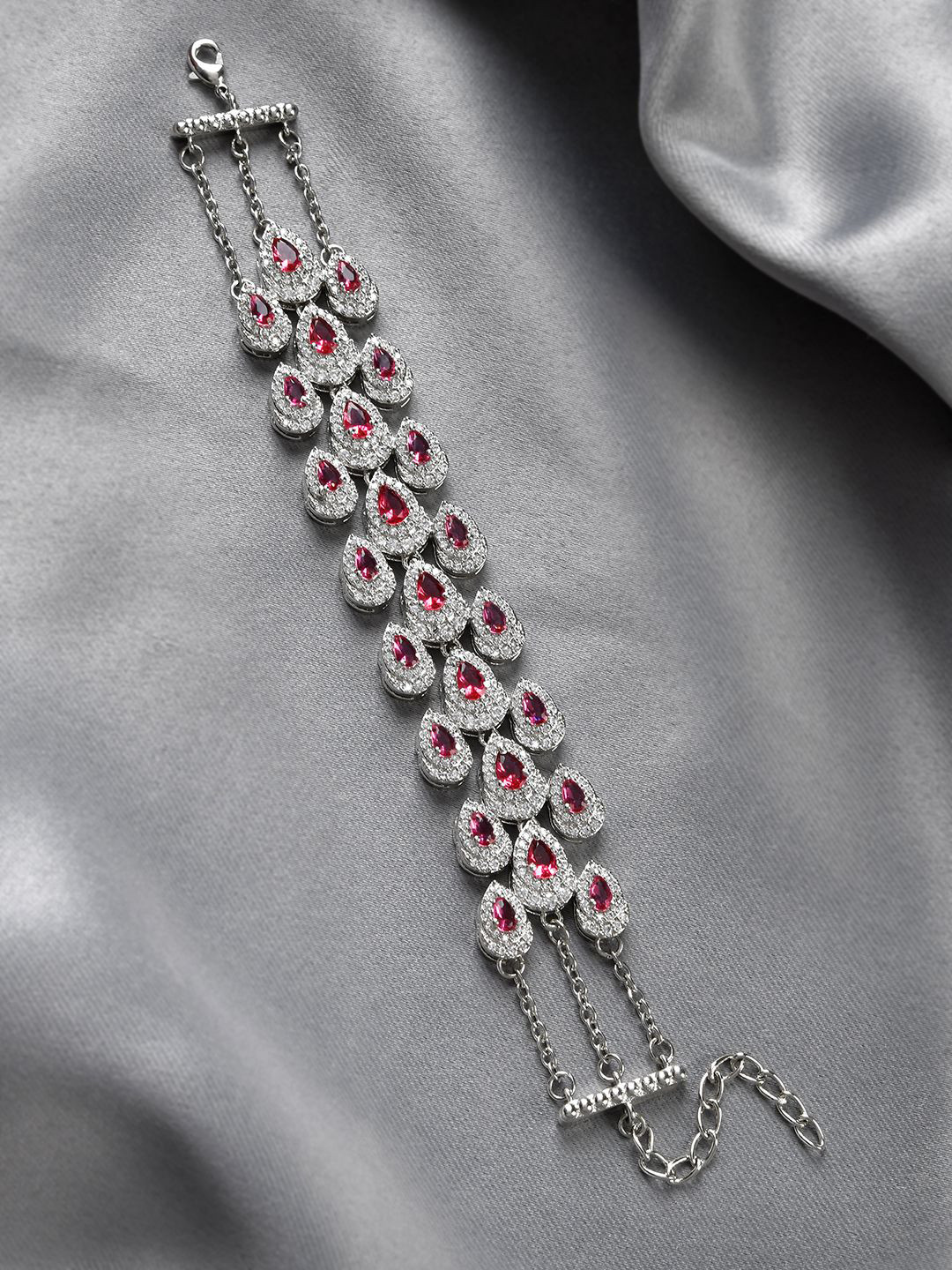 Voylla Royal Romance Blossom Rhodium-Plated American Diamond Studded Link Bracelet