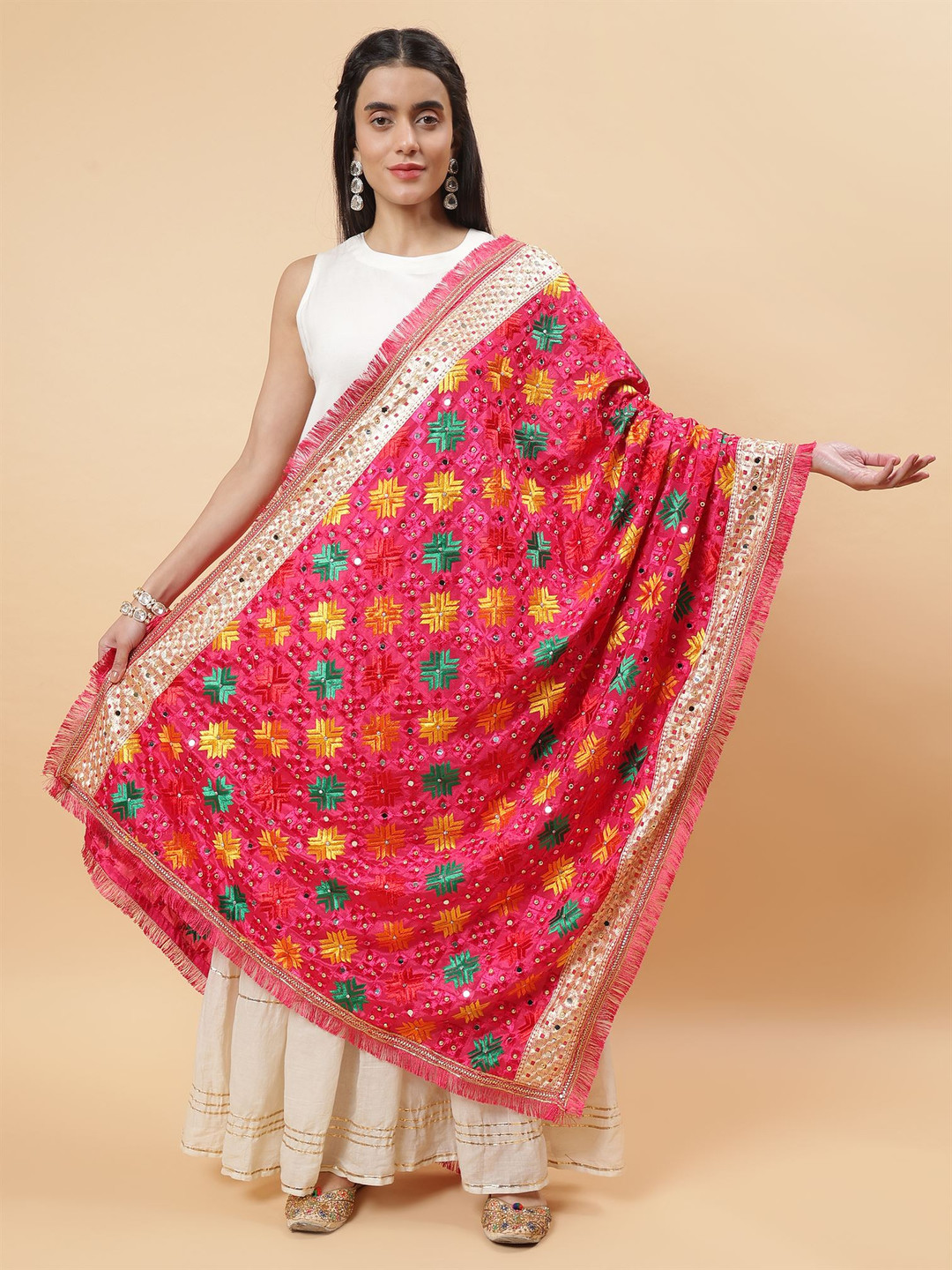 Moda Chales Ethnic Motifs Embroidered Mirror Work Phulkari Dupatta