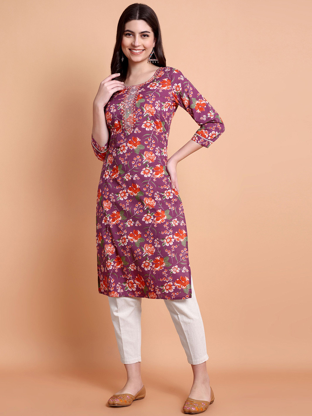 WILL BOTTOM Women Cotton Printed Embroidered Round Neck Calf Length Straight Kurta