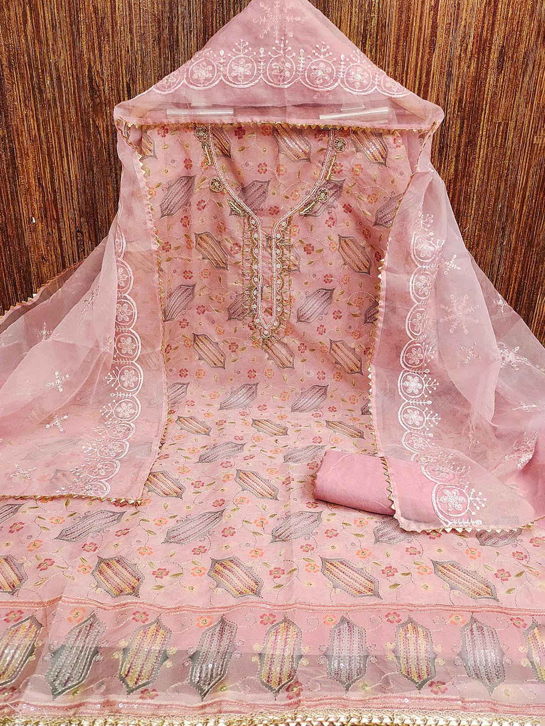 HERE&NOW Floral Position Printed Beads And Stones Organza Unstitched Dress Material