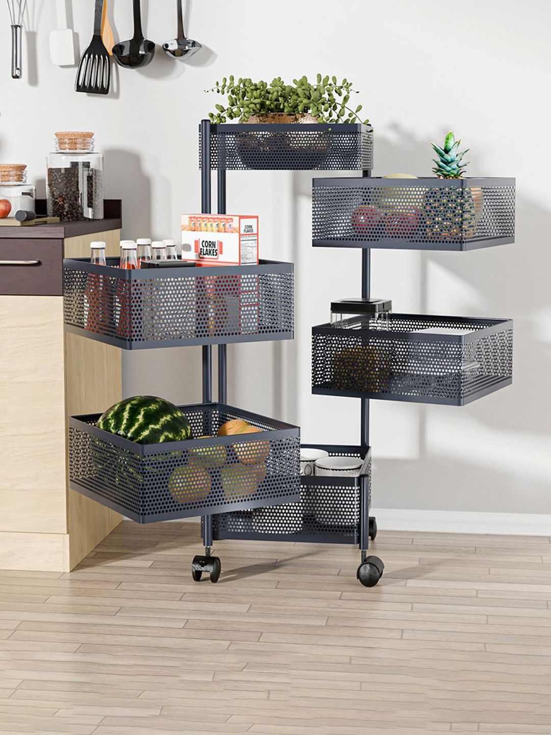 Kuber Industries 5+1 Layer Kitchen Metal Storage Rack with Wheels Grey Kitchen Trolley