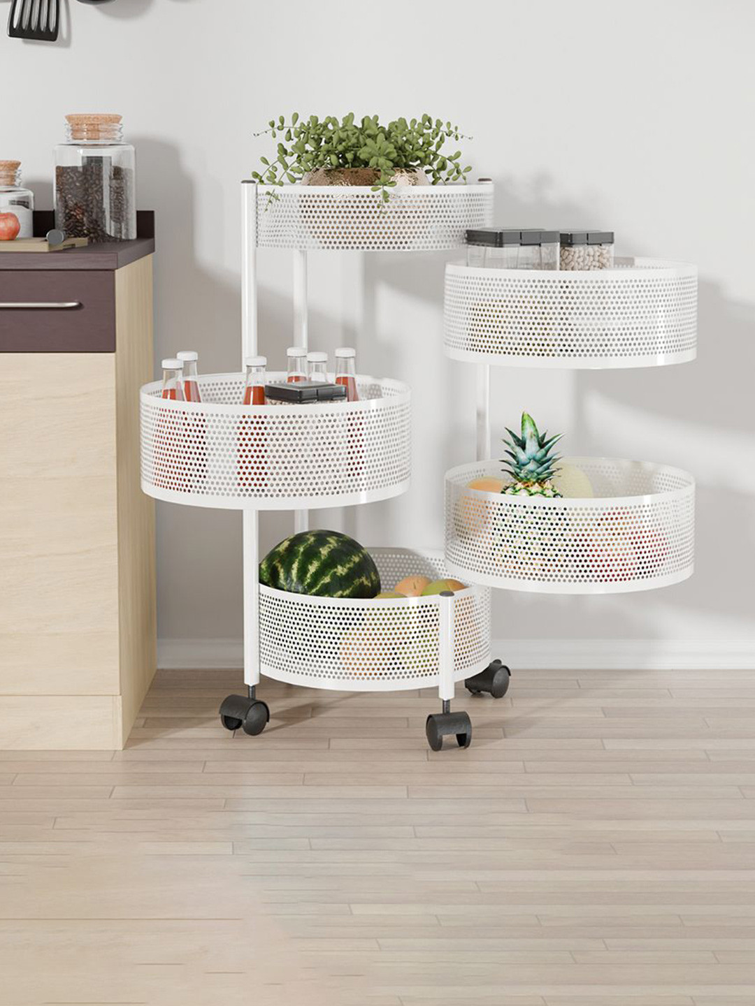 Kuber Industries 4+1 Layer Kitchen Storage Rack with Wheels Unisex White Kitchen Trolley