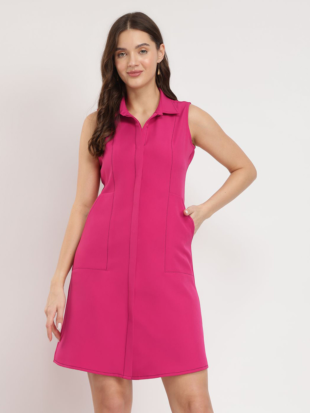 FableStreet Women Collared A-line Dress - Pink