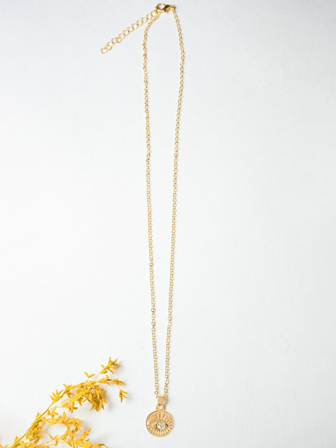 VIRAASI Gold-Plated Stone Studded Evil Eye Round Shaped Pendant with Chain