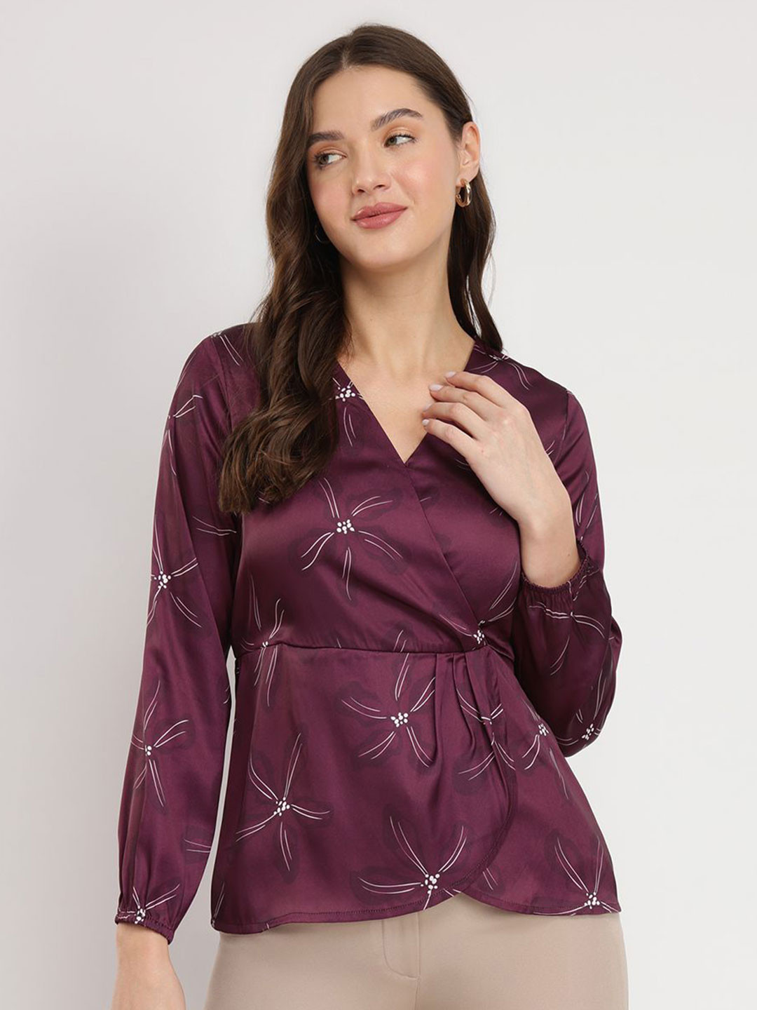 FableStreet Satin Floral Wrap Top - Burgundy