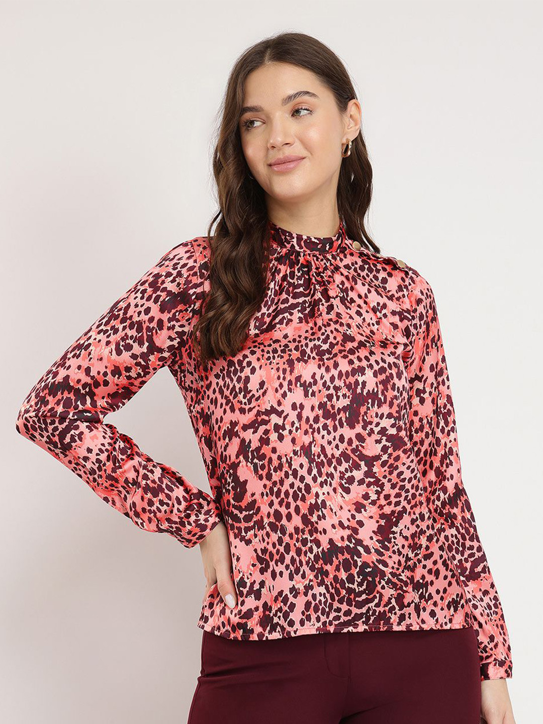 FableStreet Animal Print Satin Pink Top