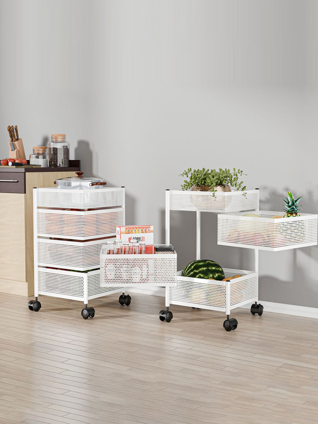 Kuber Industries Pack of 2 Kitchen 3+1 Layer Metal Storage Rack Kitchen Trolley White