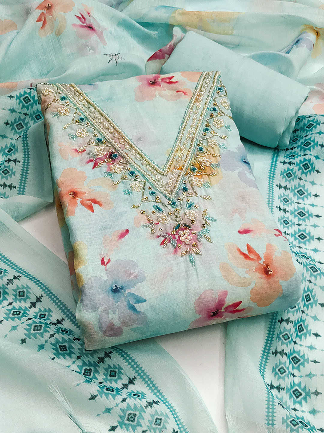 HERE&NOW  Floral Printed Hand Work Beads and Stones Organza Unstitched Dress Material