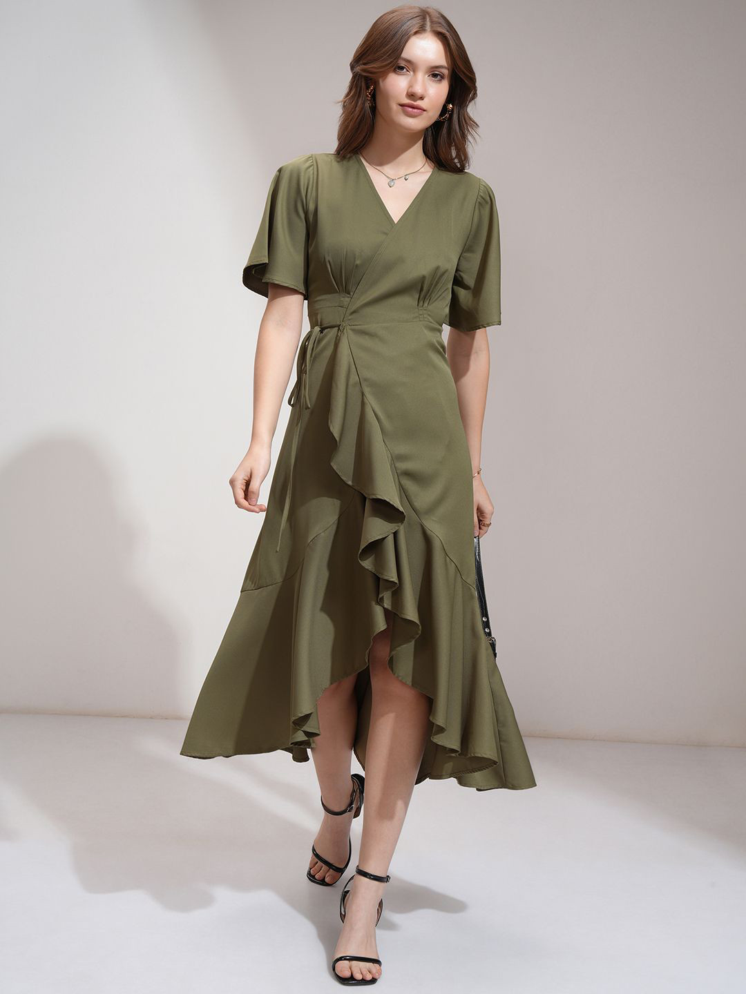 Tokyo Talkies Women Solid Ruffled Hi-Low Wrap Midi Dress