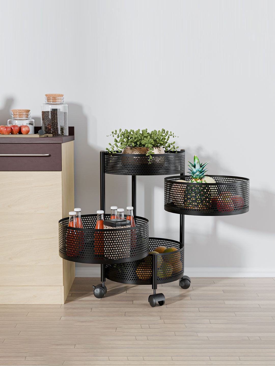 Kuber Industries 3+1 Layer Kitchen Metal Storage Rack with Wheels Black Kitchen Trolley