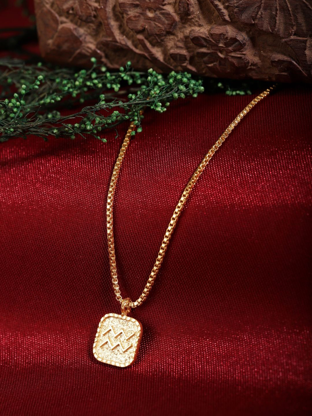 Berserk Gold-Plated Brass Aquarius Square Pendant With Chain