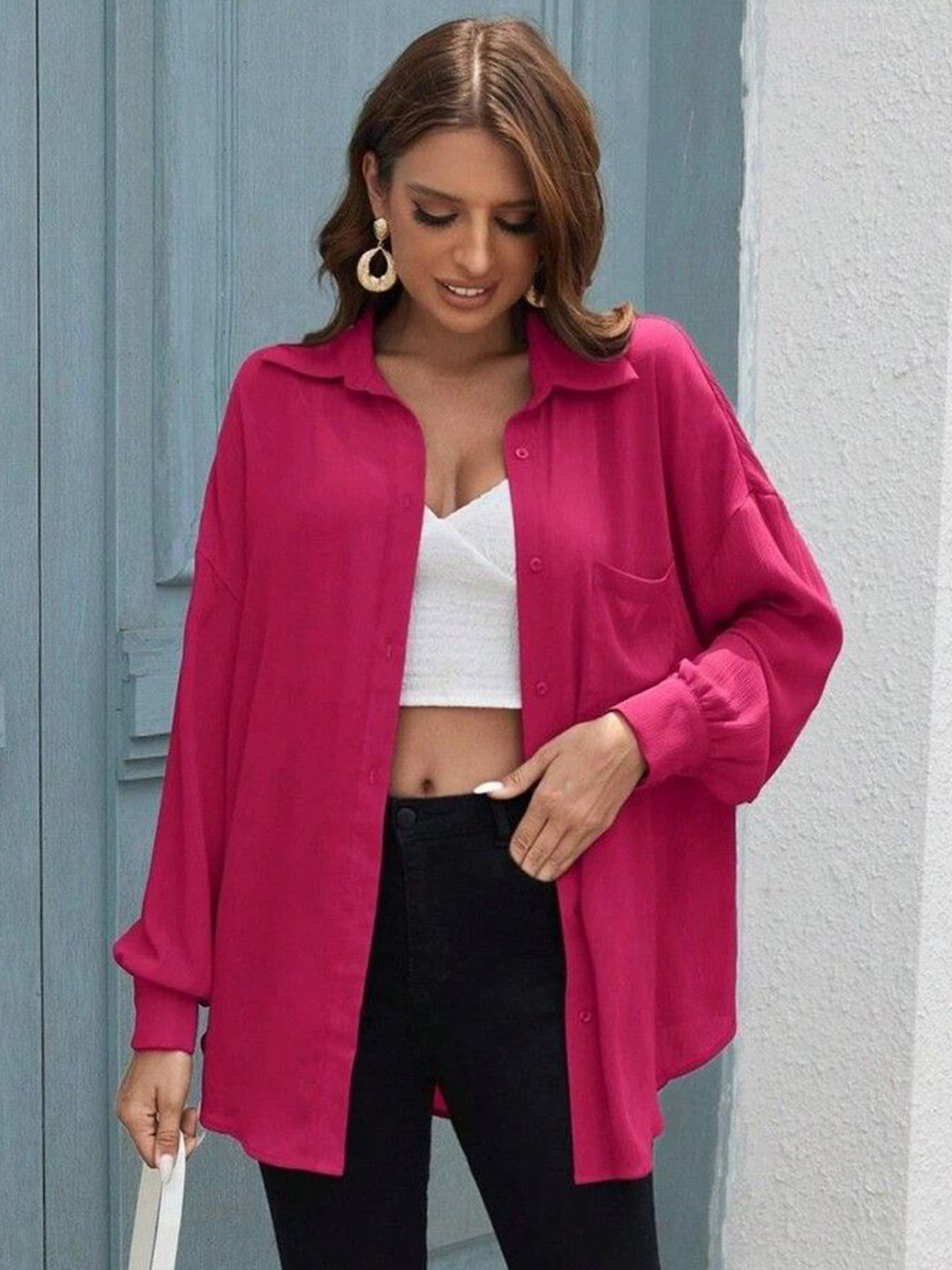 WHY SO FAB Women Comfort Oversized Fit Spread Collar Solid Cotton Casual Shirt