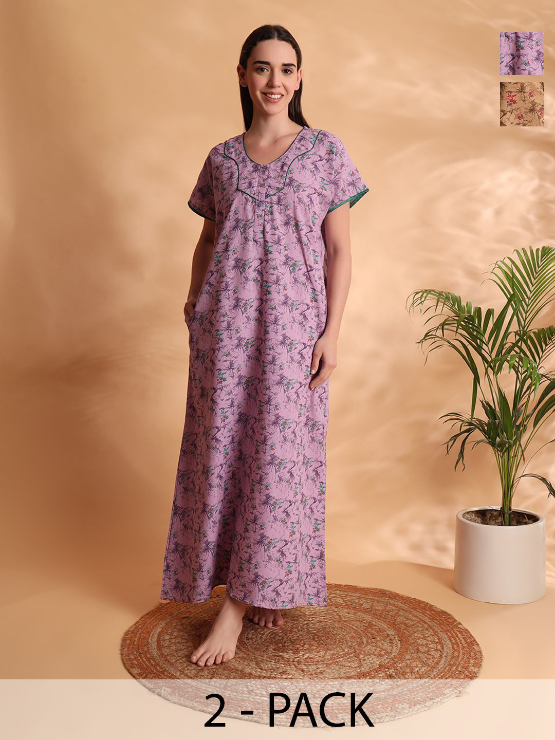 G4Girl Women Pack Of 2 Printed Maxi Nightdress