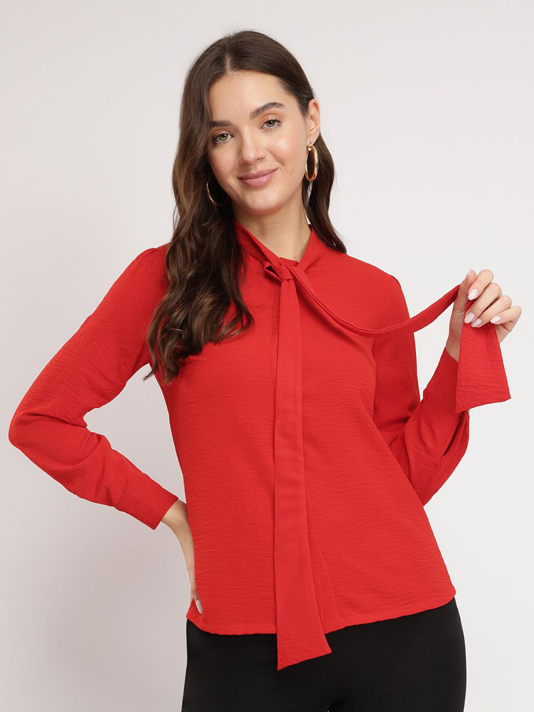 FableStreet Tie-Up Neck Shirt Style Red Top