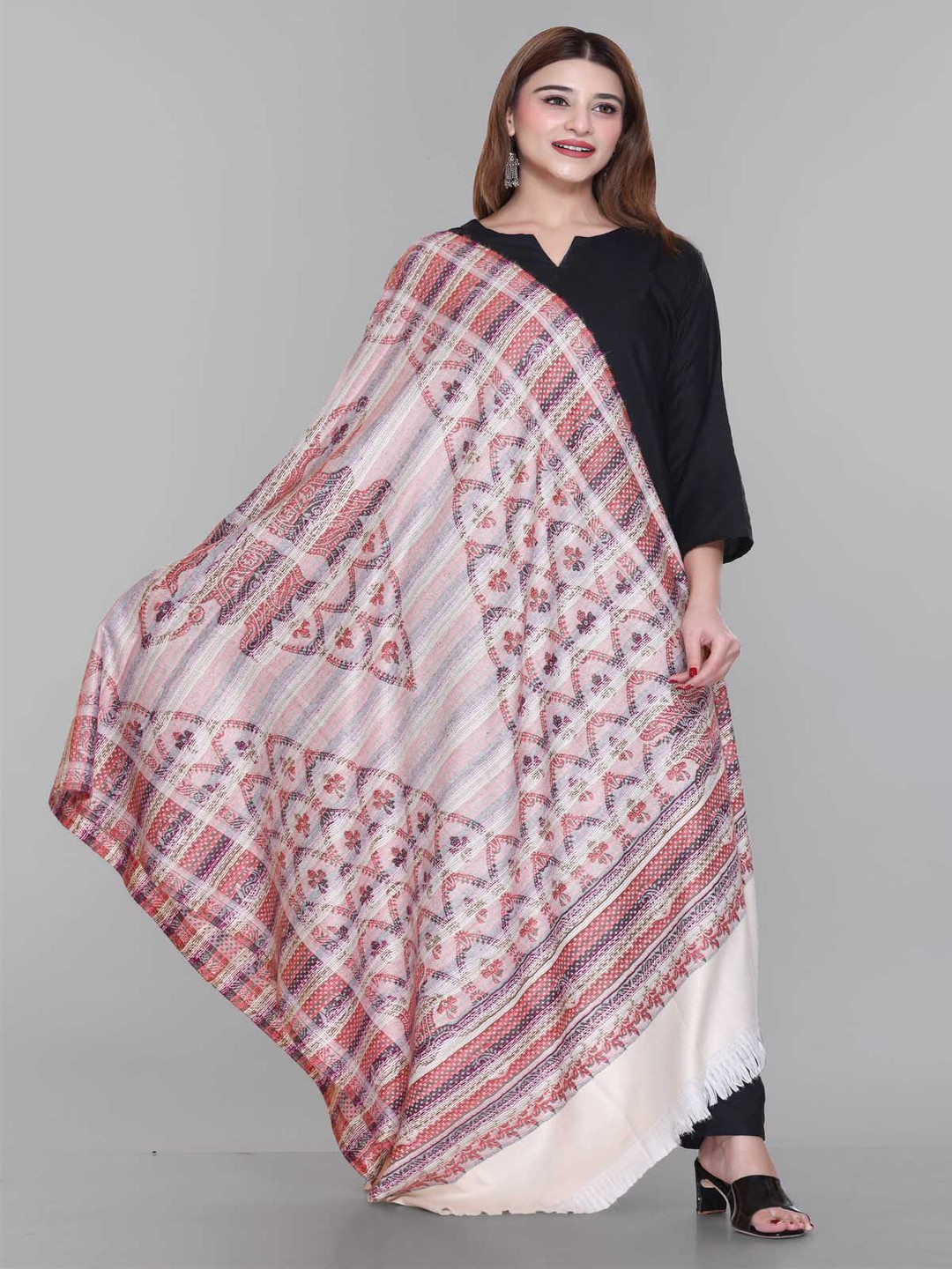 Tones-N-Shades Floral Embroidered Acrylic Shawl