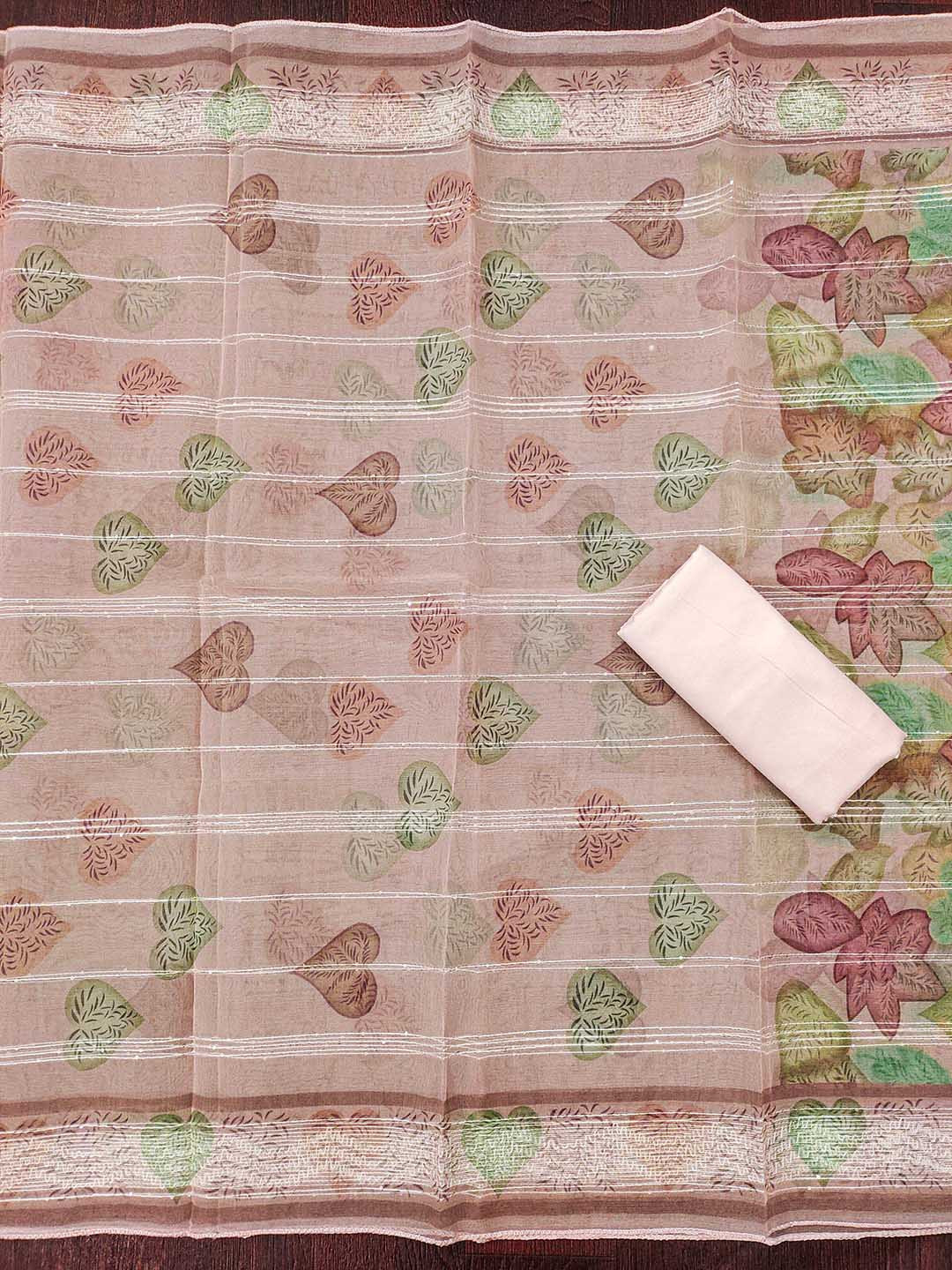 HERE&NOW Floral Embellished Beads Ands Stones Organza Unstitched Dress Material