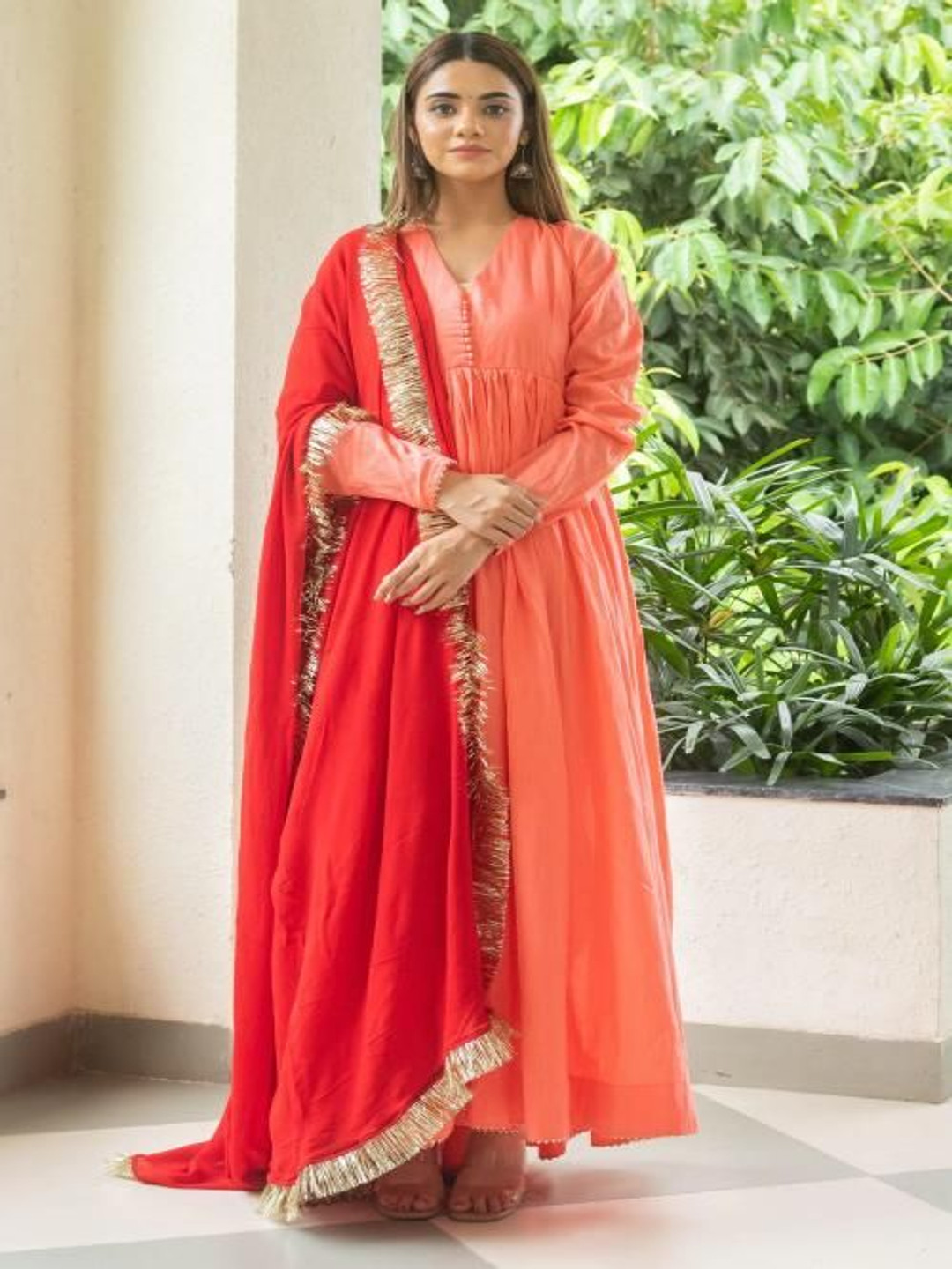 SUKITI V-Neck Pure Cotton Anarkali Kurta With Trouser And Dupatta