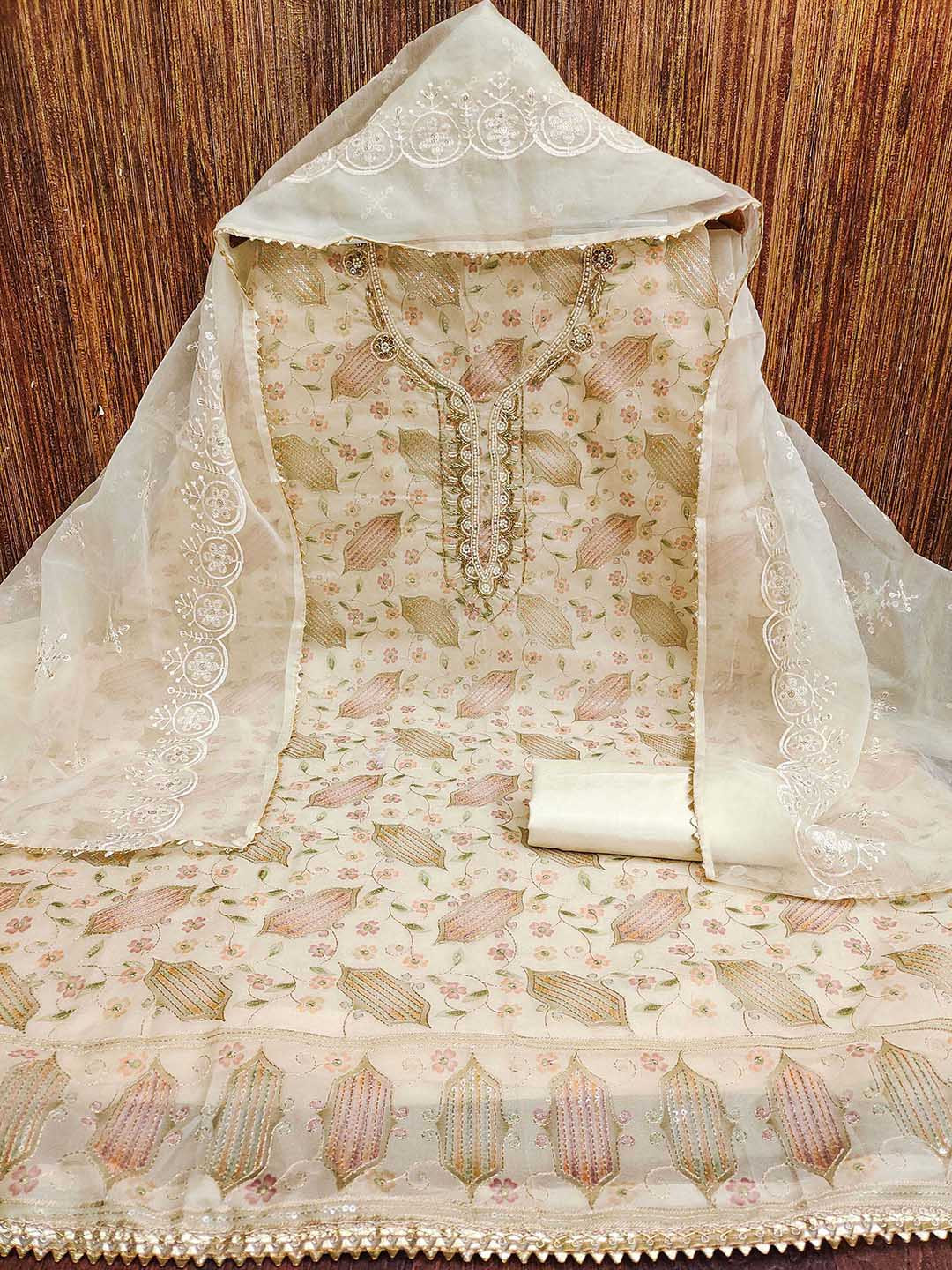 HERE&NOW Floral Position Printed Beads And Stones Organza Unstitched Dress Material