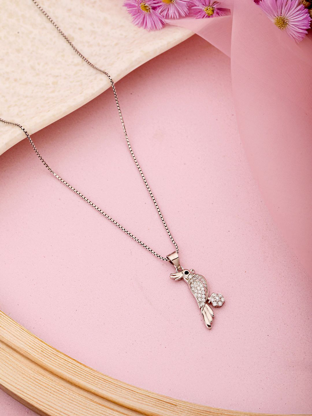 SARAF SILVERETZ 925 Sterling Silver-Plated CZ Studded Bird Shaped Charms Minimal Chain