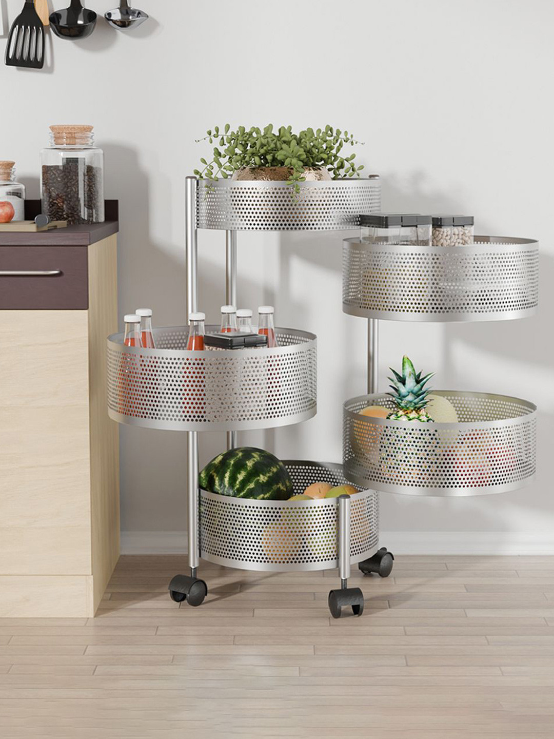 Kuber Industries 4+1 Layer Kitchen Storage Rack with Wheels Unisex Silver Kitchen Trolley