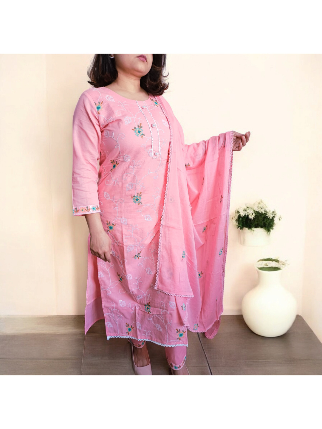 Nadora Fashions Floral Embroidered Pure Cotton Straight Kurta With Trouser & Dupatta
