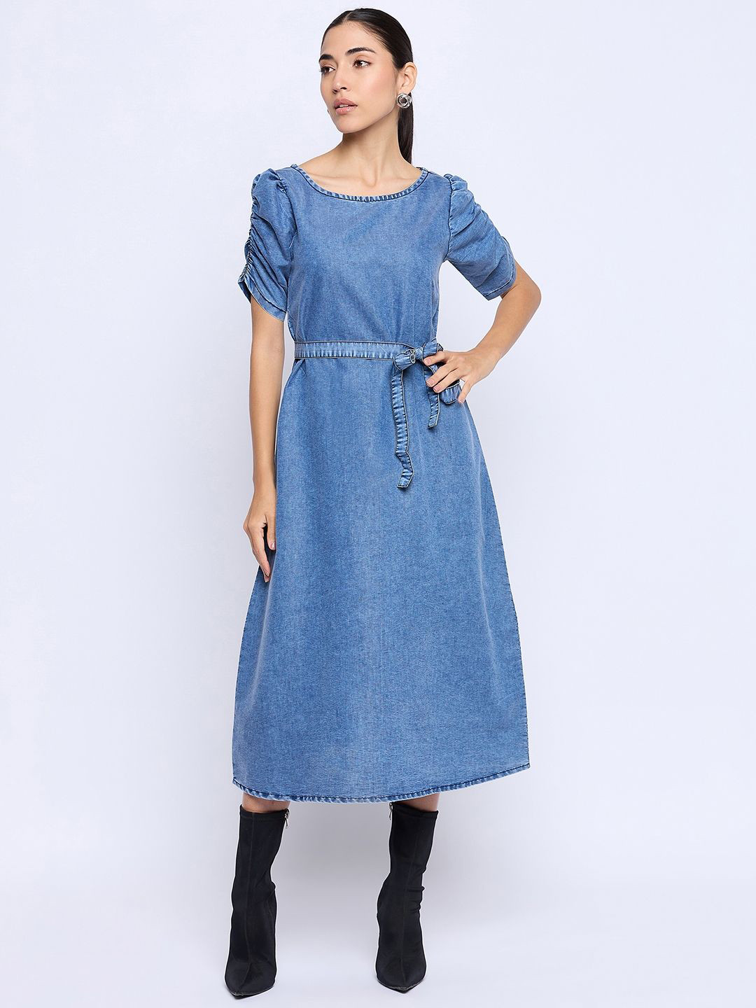 BAESD Puff Sleeve Denim A-Line Midi Dress