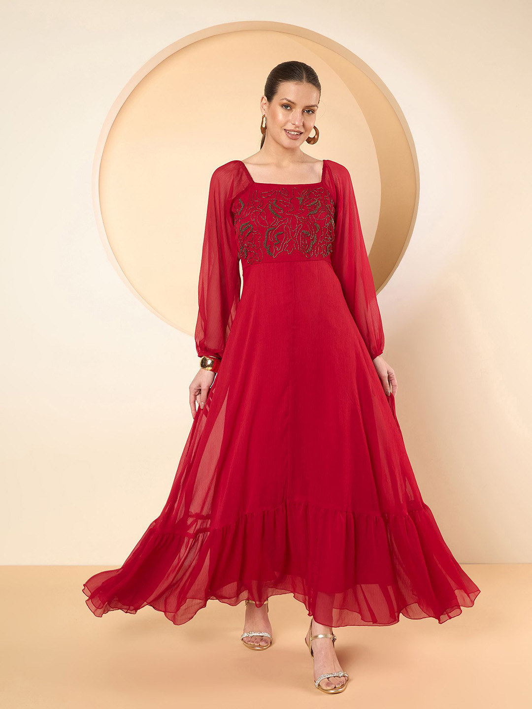 Antheaa Women Square Neck Chiffon Maxi Dress