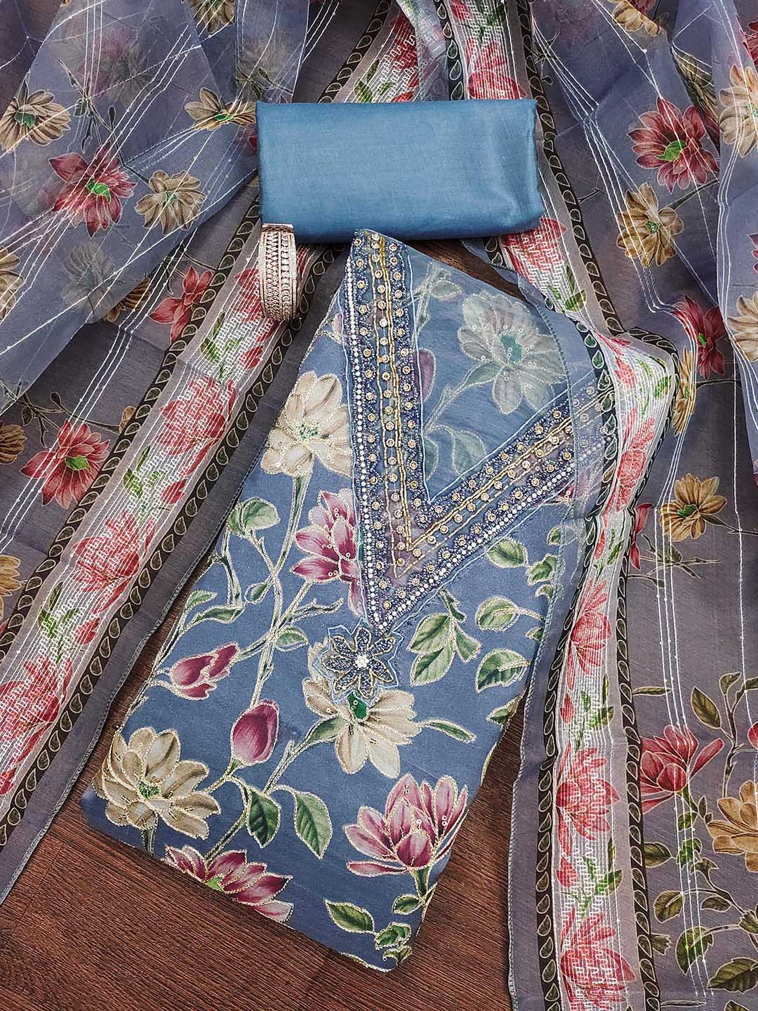 HERE&NOW Floral Printed Embroidered V-Neck Sequinned Oraganza Unstitched Dress Material