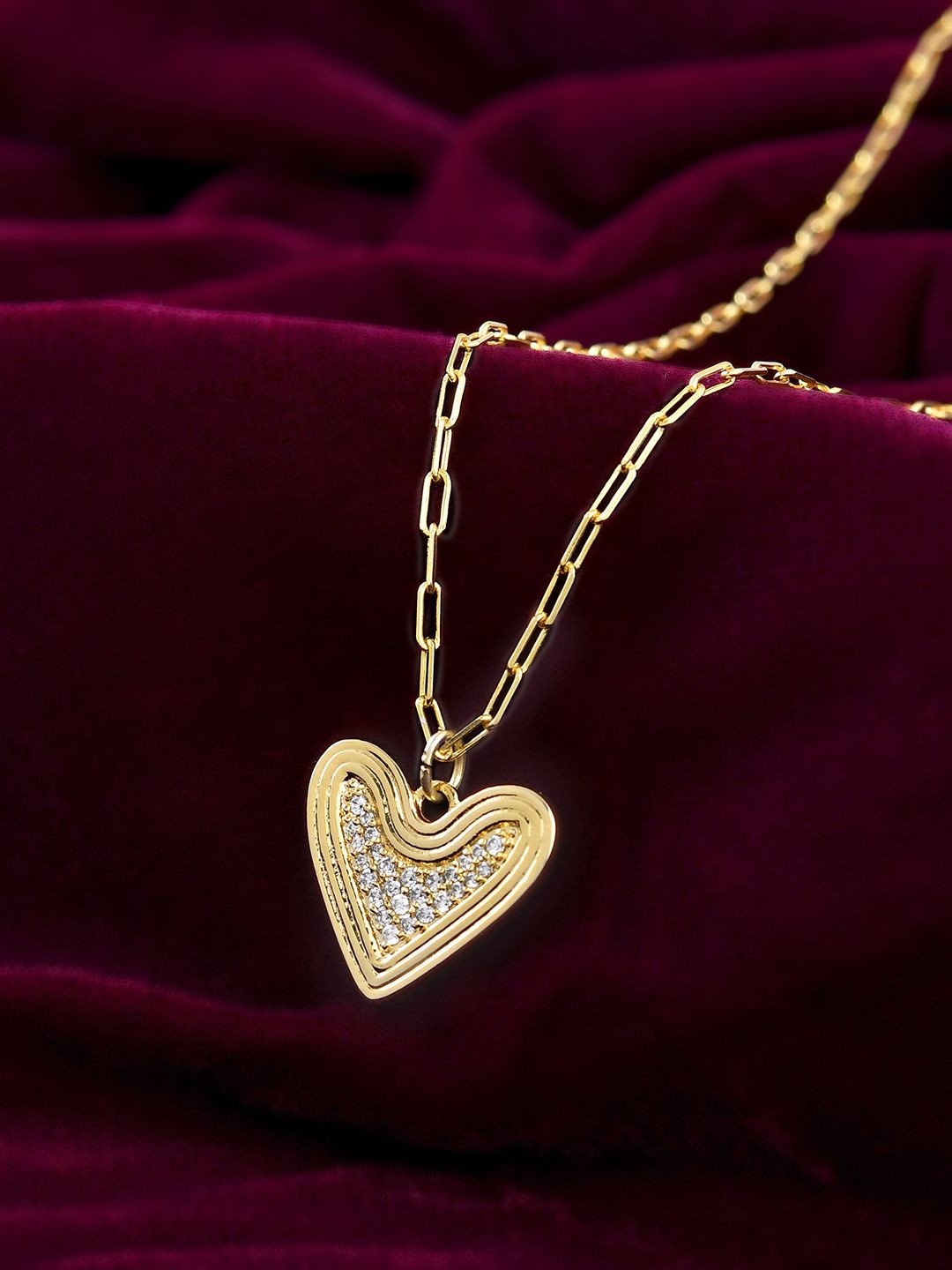 Voylla Gold-Plated Heart Shaped Valentine's Day Radiant CZ Studded Pendant With Chain