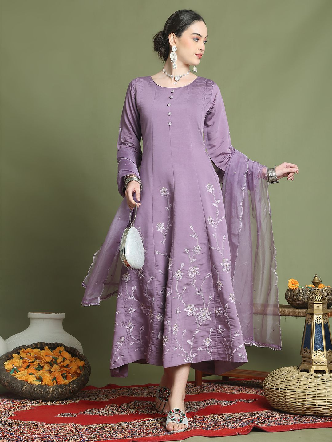 Stylee LIFESTYLE Floral Embroidered Round Neck Pure Silk Anarkali Kurta With Dupatta