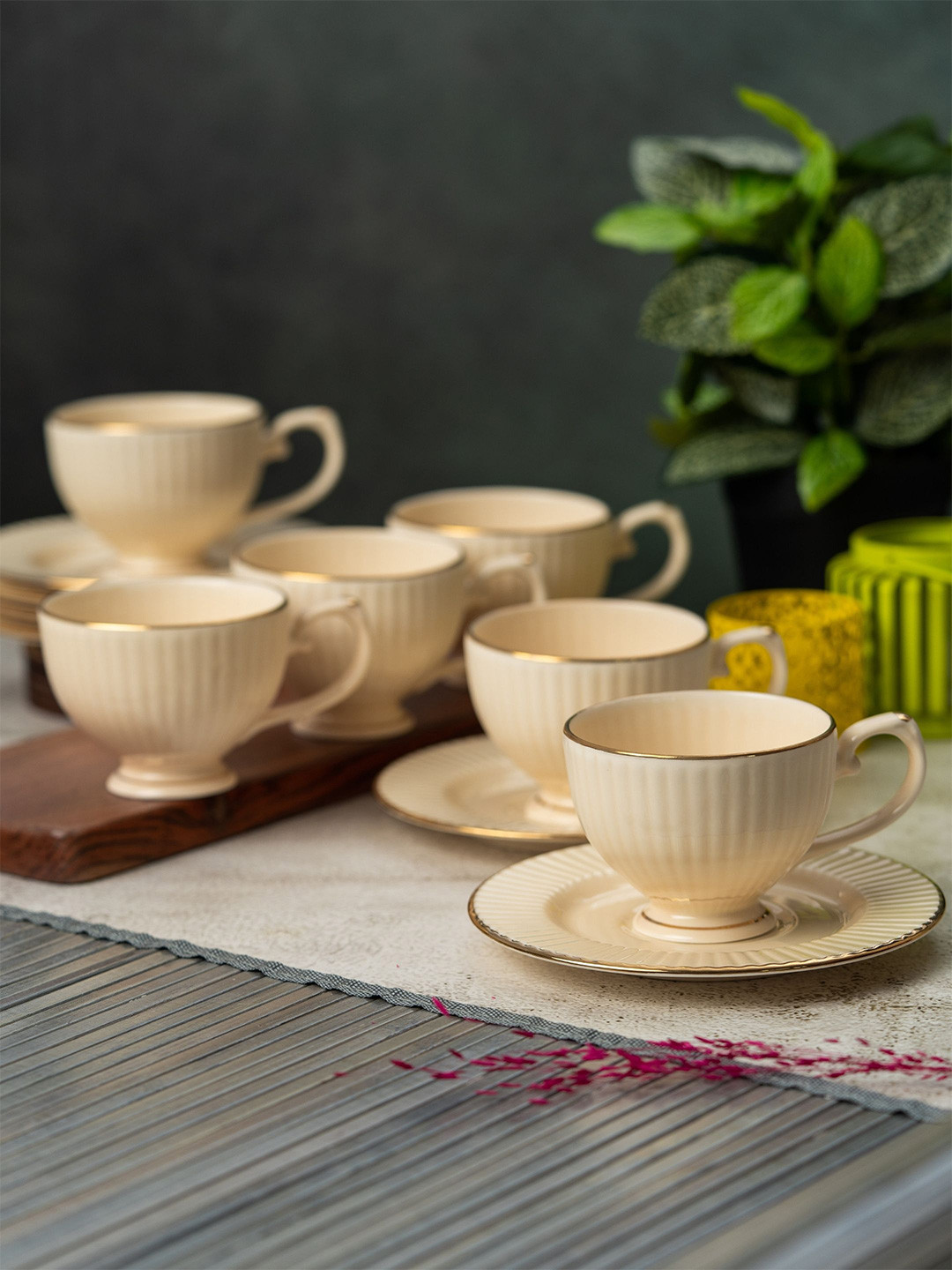 CLAY CRAFT Beige Textured Ceramic Glossy Fine Ceramic Cup & Saucer Set of 12 -170 ml Each