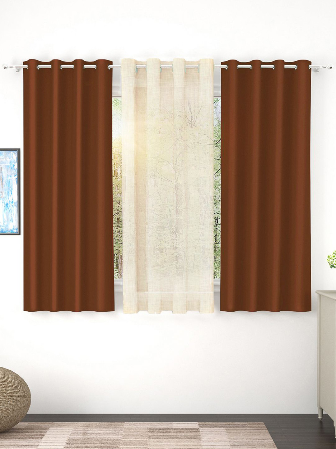 Story@home Set of 3 Combo Window Curtains of Blackout & Sheer 5 Feet, Brown & Beige