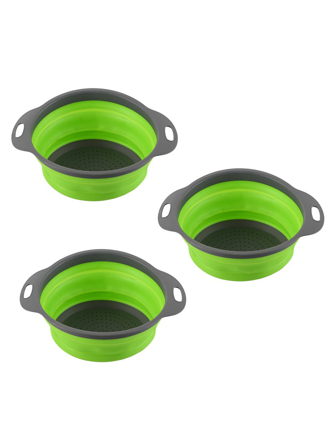 Kuber Industries Green & Grey 3 Pieces Multipurpose Silicon Kitchen Strainers With Handle