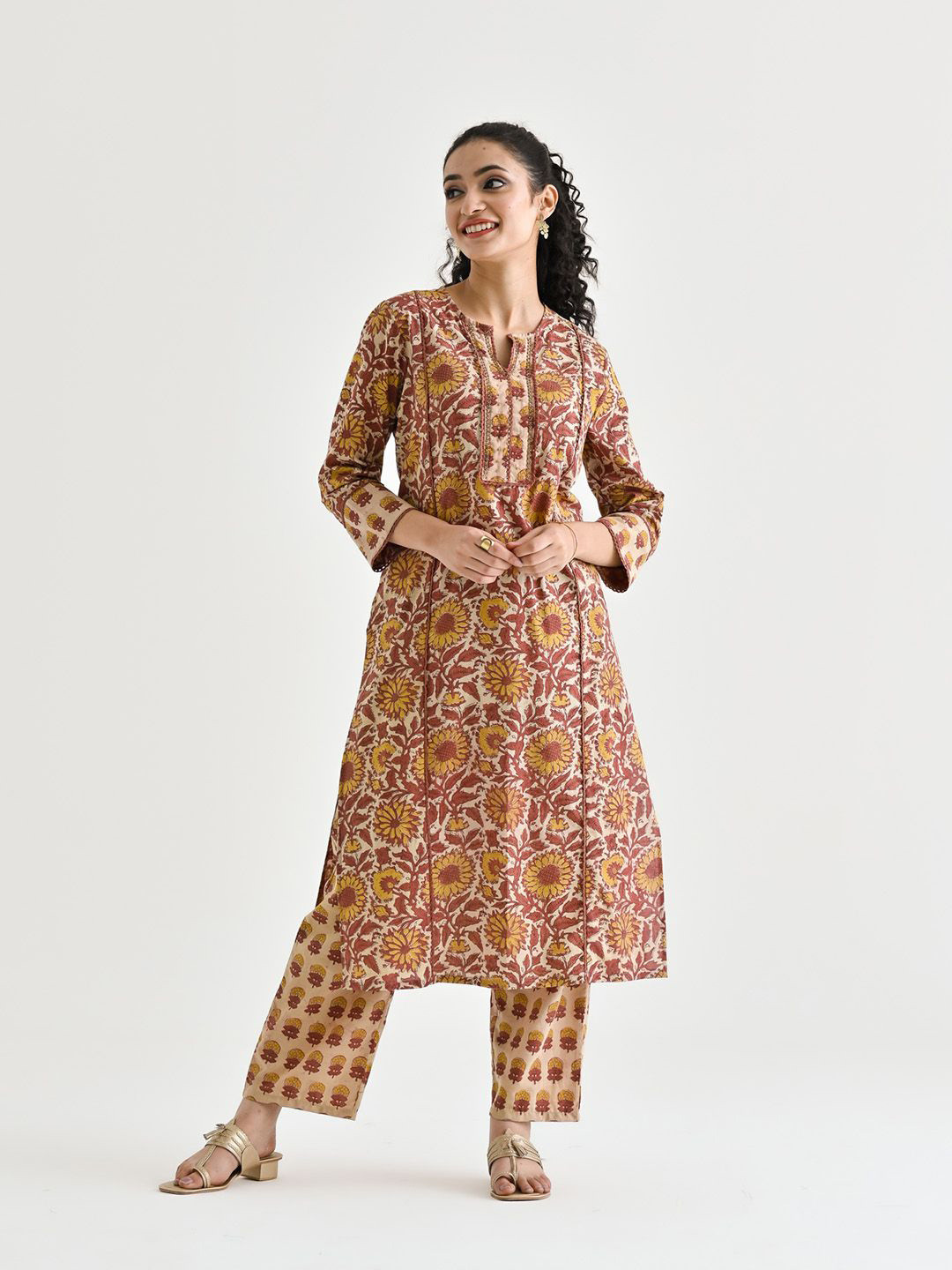 Rustorange Floral Printed Beads Detail Pure Cotton Straight Kurta Pant Set