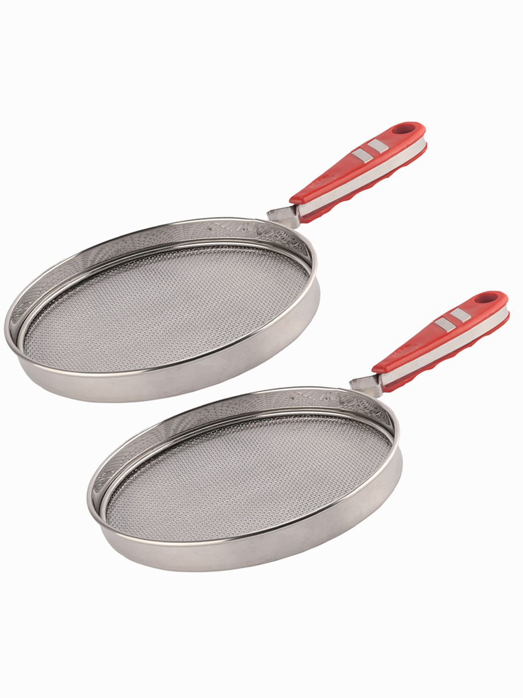 Kuber Industries Silver-Toned & Red 2 Pieces Stainless Steel Papad Roasting Net Strainers