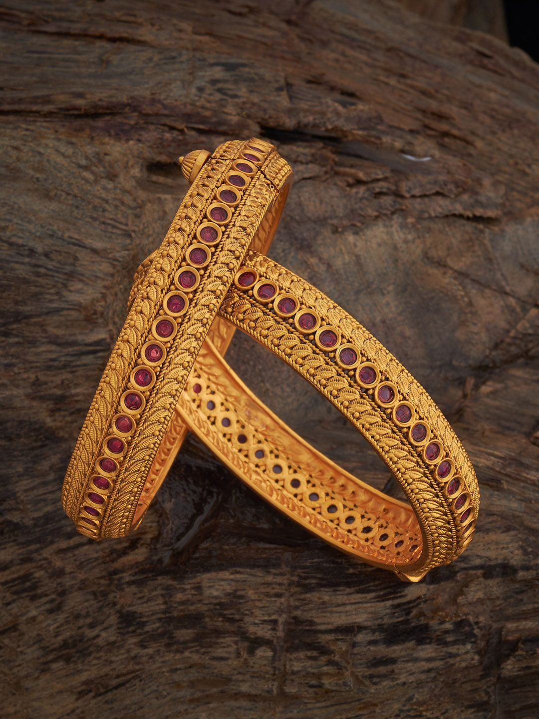 Kushal's Fashion Jewellery Set Of 2 Gold-Plated Artificial Stones Ruby-Studded Bangles