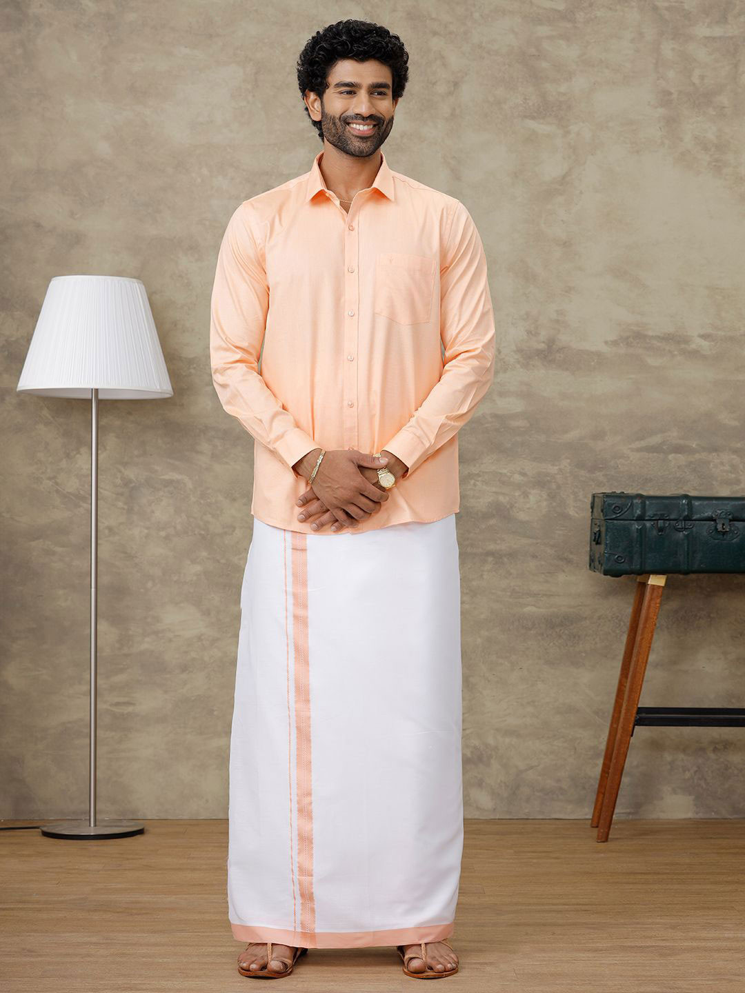 Ramraj Men  Full Sleeve Solid Shirt With Matching Border Dhoti