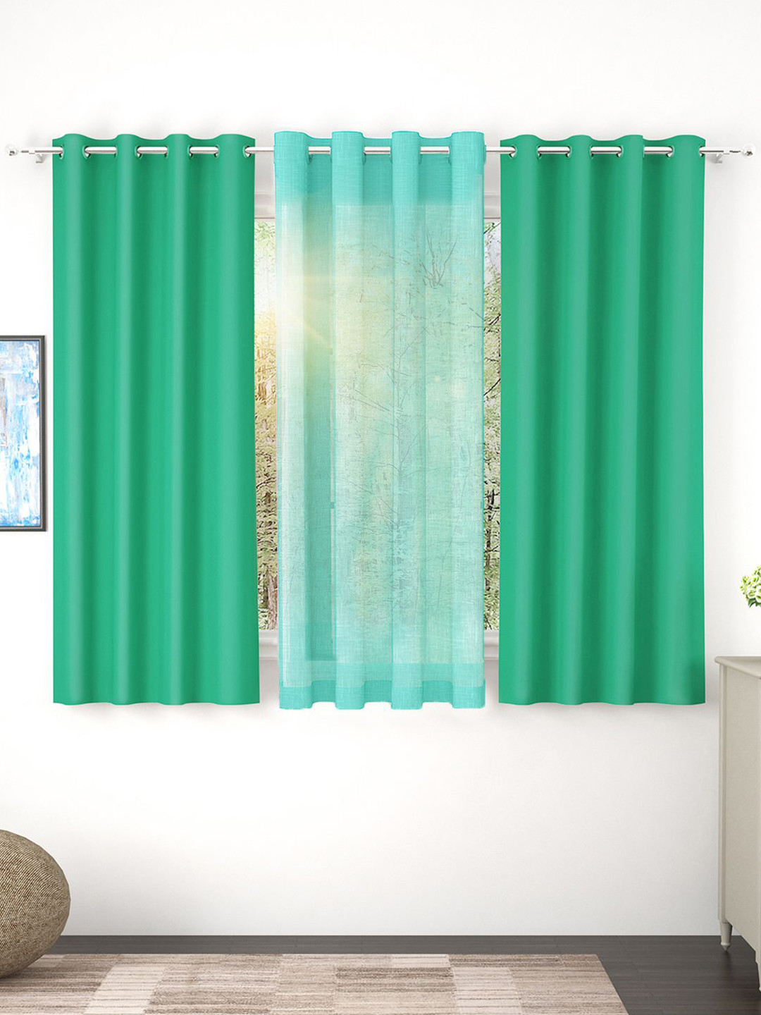 Story@home Set of 3 Combo Window Curtains of Blackout & Sheer 5 Feet, Teal & Mint Green