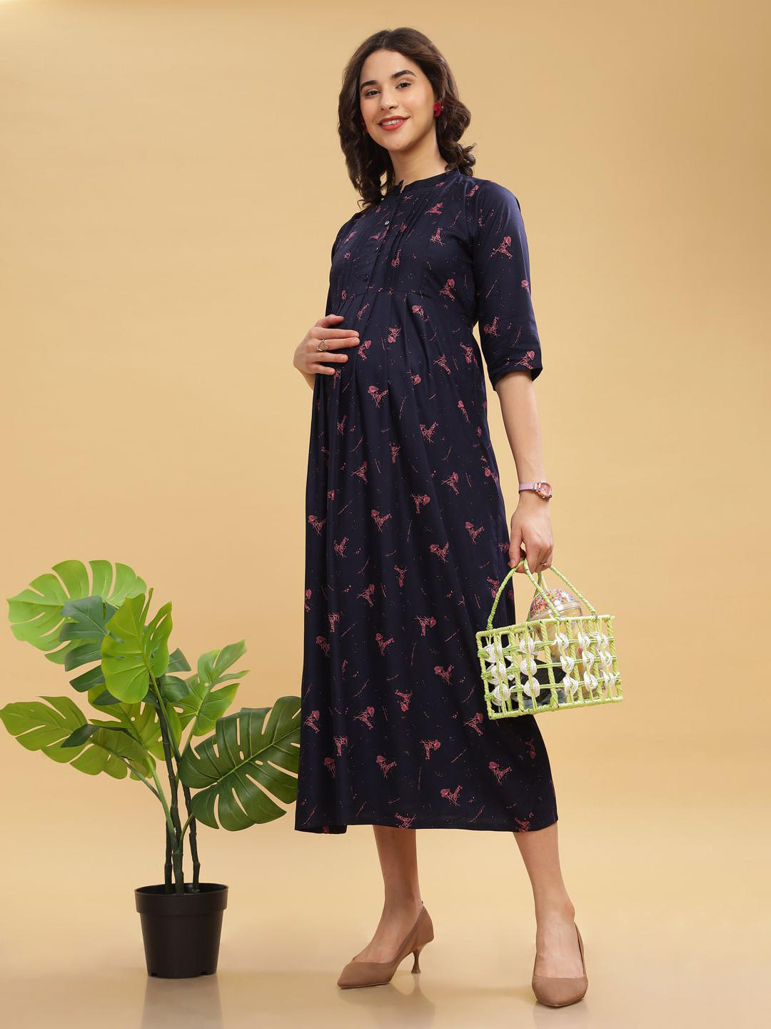 LOVELY MOM'S Print Tie-Up Neck A-Line Dress