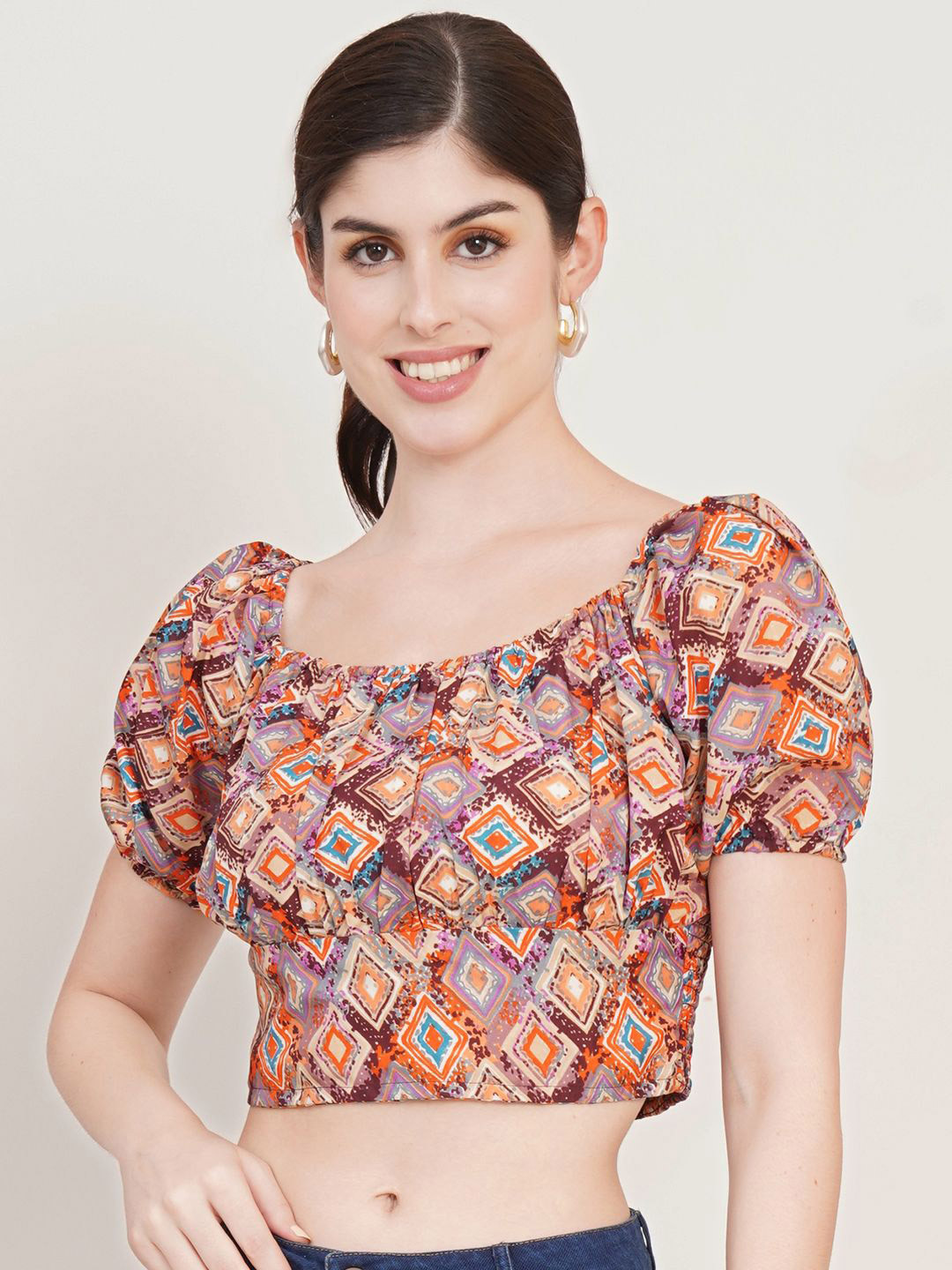 Moda Rapido Print Puff Sleeve Crepe Blouson Crop Top