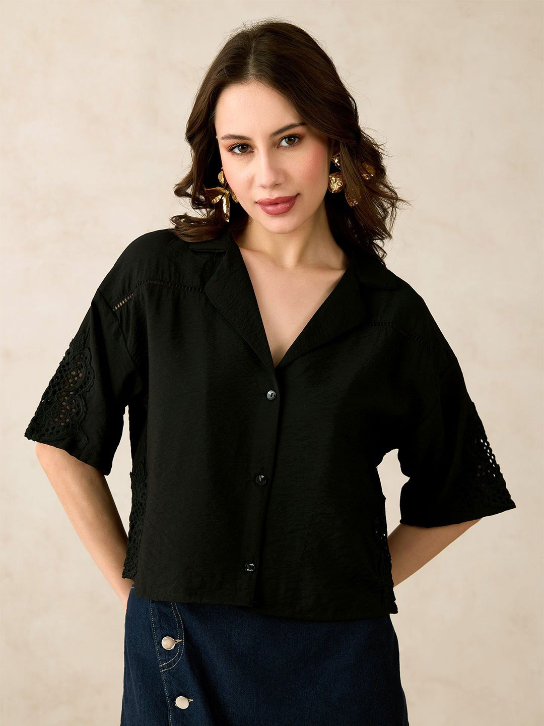 Virgio Viscose Lapel Collar Crop Lace Shirt