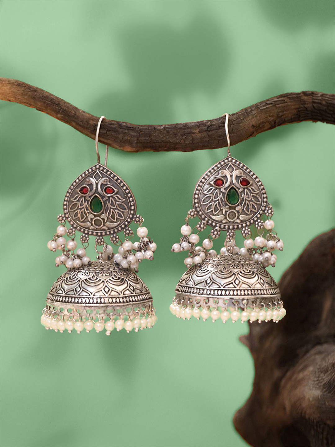 Yellow Chimes Silver-Plated Stone Studded & Beaded Dome Shaped Oxidized Big Jhumkas